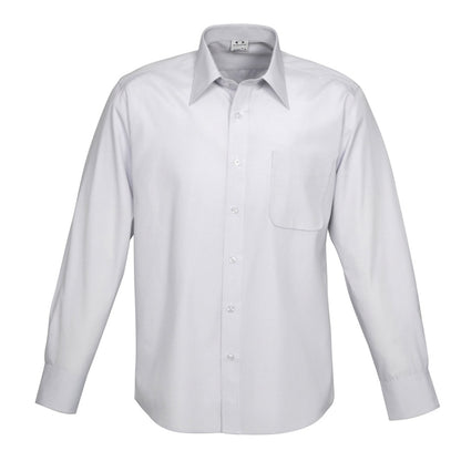 Mens sliver and white fine striped breathable easy care every day Easy iron and shrink-resistant UPF Rating cuff openings for cufflinks, Two back shoulder pleats for enhanced comfort and mobility, Classic fit, men's long sleeve business shirt, ambassador business shirt, corporate uniform, office work shirt, executive shirt, striped business shirt