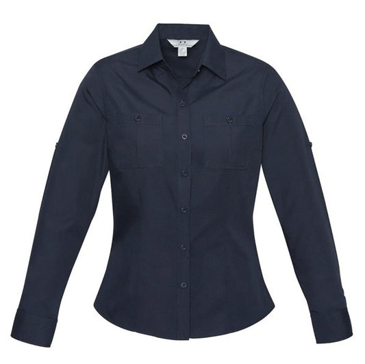 Womens navy workplace button down roll up sleeves two front pockets UPF protection Biz Collection S306LL Bondi Ladies Long Sleeve Shirt