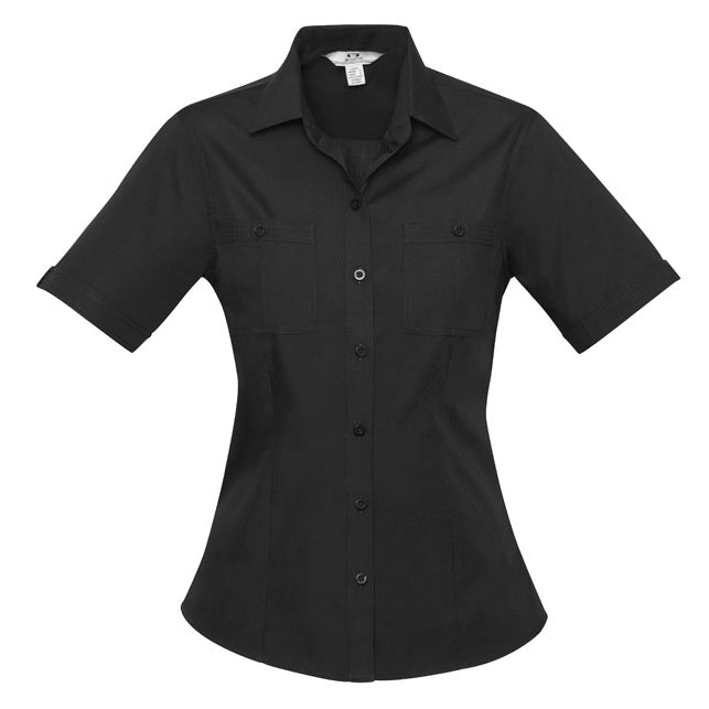 Womens black twin front pockets curved hem semi fitted Biz Collection S306LS Bondi Ladies Short Sleeve Shirt