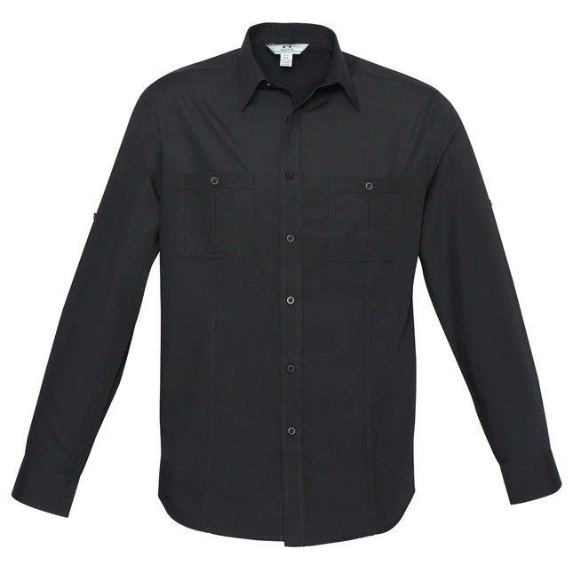 Mens black roll up sleeves twin pockets curved hem Biz Collection S306ML Bondi Mens Long Sleeve Shirt