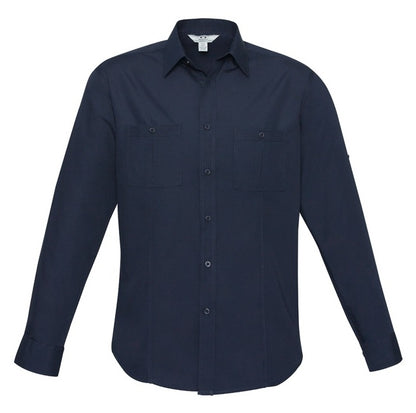 Mens navy workplace button down roll up sleeves two front pockets UPF protection Biz Collection S306ML Bondi Mens Long Sleeve Shirt
