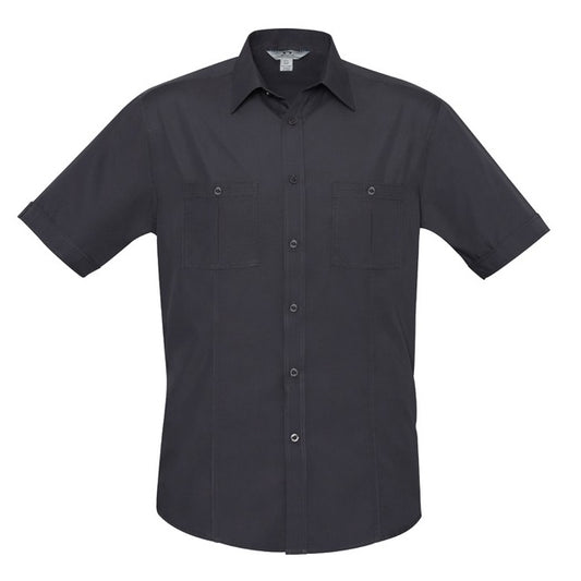 Mens charcoal grey button down everyday professional workwear shirt two front pockets  curved hem Biz Collection S306MS Bondi Mens Short Sleeve Shirt