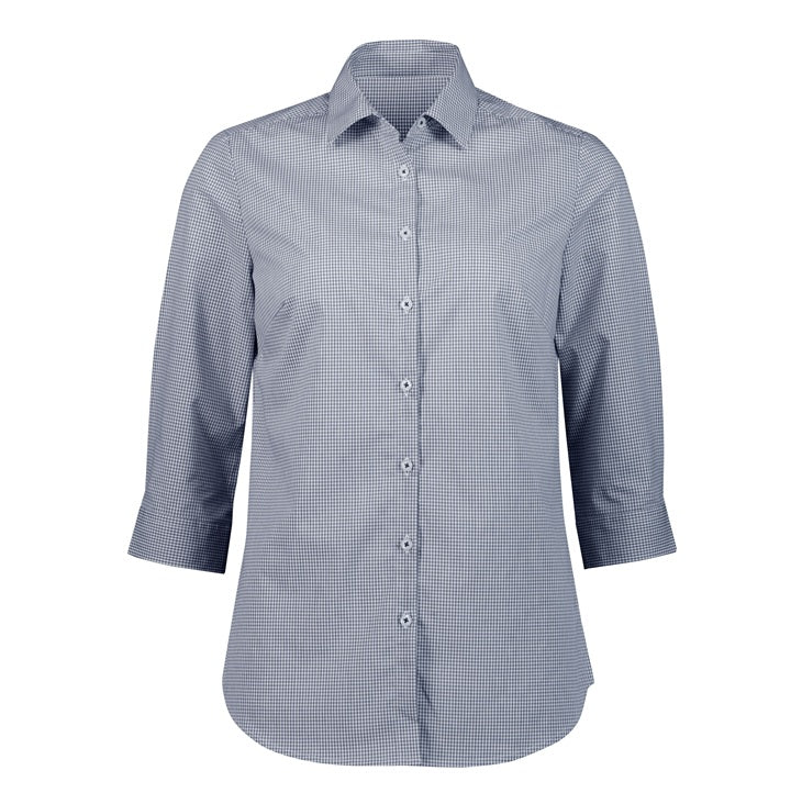 Navy and white check professional business Semi fitted shaped silhouette easy iron Biz Collection S338LT Women's Bristol 3/4 Sleeve Shirt