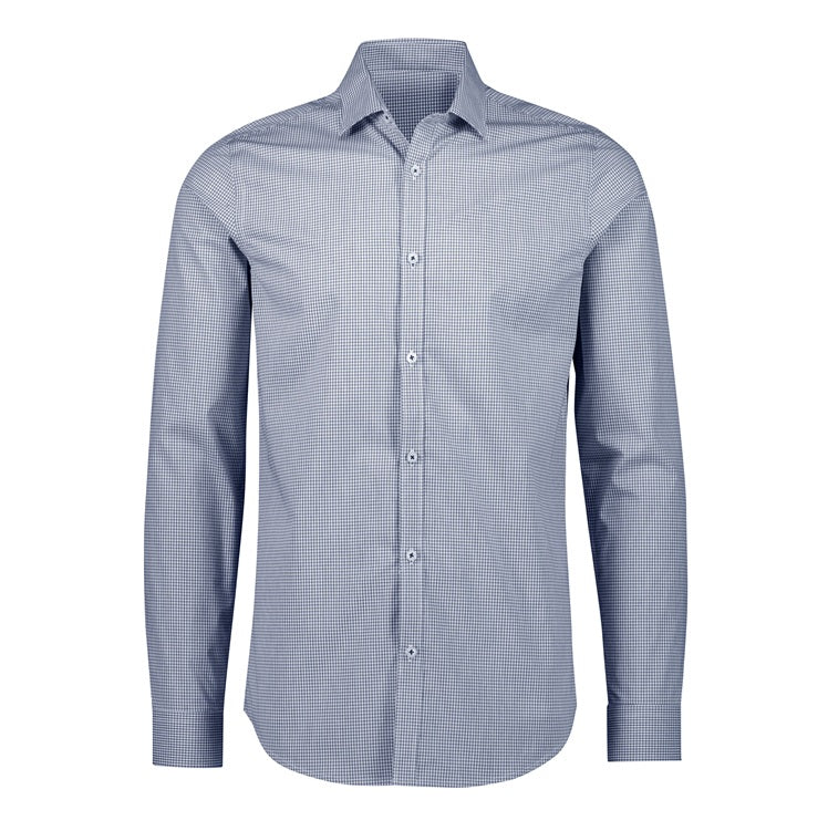 Mens Navy and white checkered Biz Collection S339ML Mens Bristol Tailored Long Sleeve Shirt premium cotton rich stretch fabric professional business shirt