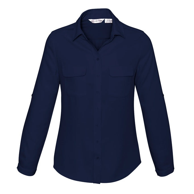 Womens navy coloured modern relaxed semi fitted business shirt button down easy care Biz Collection S626LL Ladies Madison Shirt