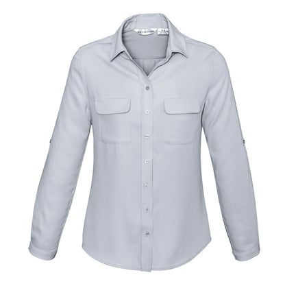 Womens silver grey front twin pockets roll up sleeves easy iron stretch comfort contemporary Biz Collection S626LL Ladies Madison Shirt