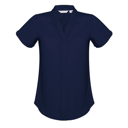 Navy blue breathable comfortable corporate professional shirt Biz Collection S628LS Madison Ladies Short Sleeve long length Blouse