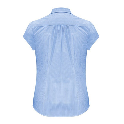 womens blue and white fine stripe shoulder gathering modern fit corportate professional button down Biz Collection S812LS Euro Ladies Short Sleeve Shirt