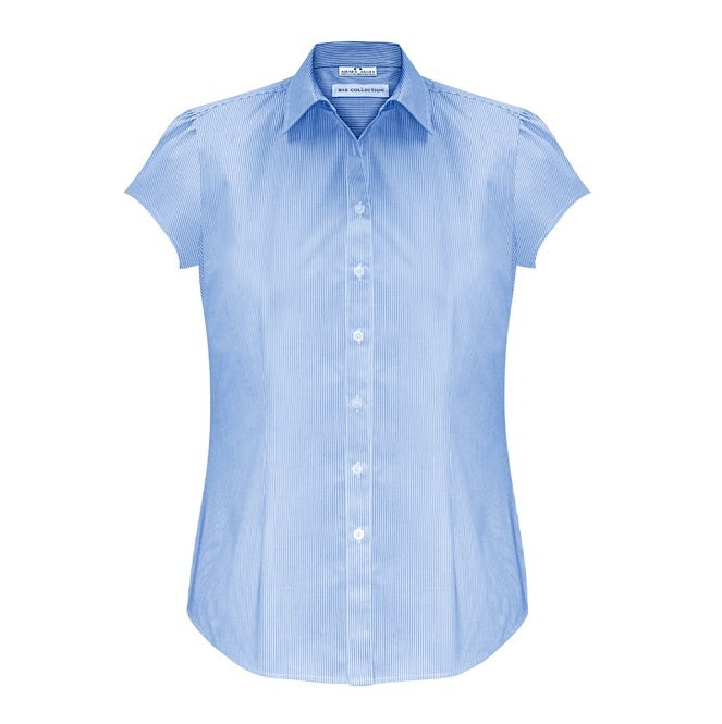 Womens Blue and white stripe modern semi fitted curved hem Biz Collection S812LS Euro Ladies Short Sleeve Shirt
