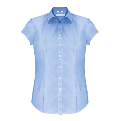 Womens Blue and white stripe modern semi fitted curved hem Biz Collection S812LS Euro Ladies Short Sleeve Shirt
