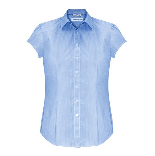 Womens Blue and white stripe modern semi fitted curved hem Biz Collection S812LS Euro Ladies Short Sleeve Shirt
