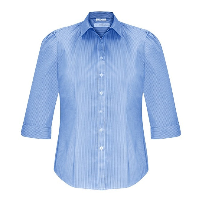 Womens blue and white lightweight with gathering professional Biz Collection S812LT Euro Ladies 3/4 Sleeve Shirt