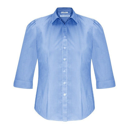 Womens blue and white lightweight with gathering professional Biz Collection S812LT Euro Ladies 3/4 Sleeve Shirt