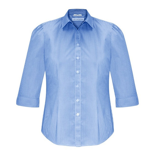 Womens blue and white lightweight with gathering professional Biz Collection S812LT Euro Ladies 3/4 Sleeve Shirt