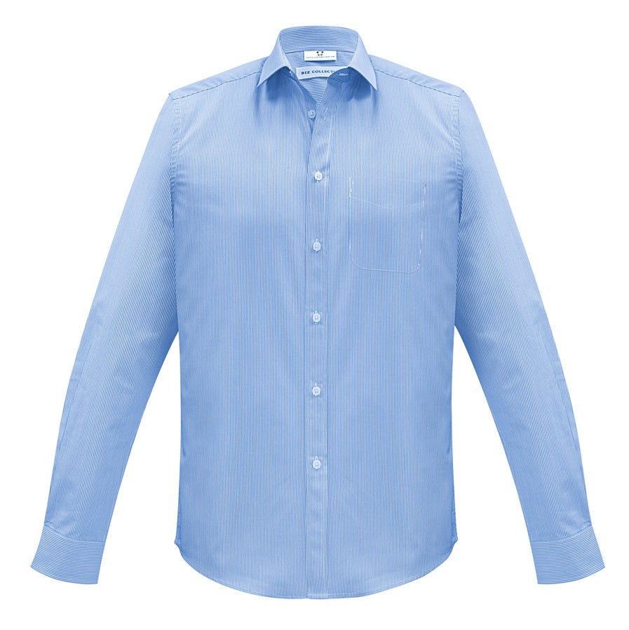 Mens light blue and white fine striped premium professional corporate shirt button down with cuffs men's business shirt, long sleeve corporate shirt, office shirt, workwear shirt, hospitality uniform, corporate uniform, striped business shirt with chest pocket and UPF rating