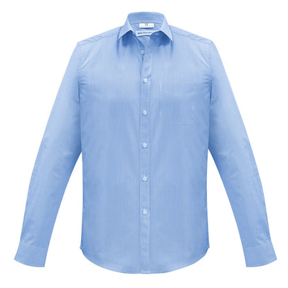 Mens light blue and white fine striped premium professional corporate shirt button down with cuffs men's business shirt, long sleeve corporate shirt, office shirt, workwear shirt, hospitality uniform, corporate uniform, striped business shirt with chest pocket and UPF rating