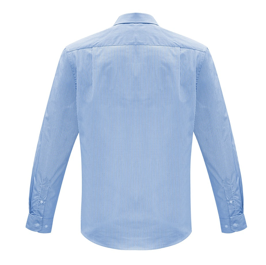 Mens blue and white button down professional shirt modern fit easy care long wearing, Twin back pleats for greater freedom of movement Adjustable cuffs Curved hem