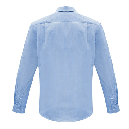 Mens blue and white button down professional shirt modern fit easy care long wearing, Twin back pleats for greater freedom of movement Adjustable cuffs Curved hem