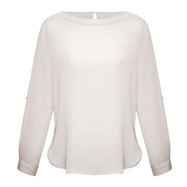 Womens ivory cream soft stretch drape fabric modern semi fitted longer length  slimming dress shirt Biz Collection S828LL Womens Madison Boatneck Top