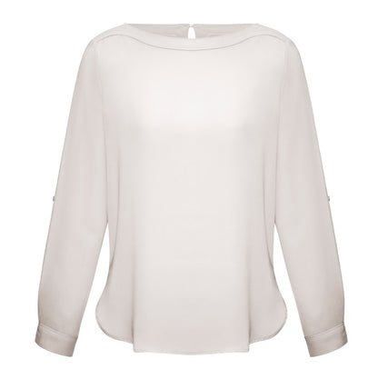 Womens ivory cream soft stretch drape fabric modern semi fitted longer length  slimming dress shirt Biz Collection S828LL Womens Madison Boatneck Top