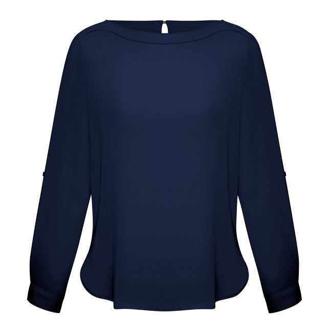 womens navy coloured no iron boatneck feminine modern fit longer length  Biz Collection S828LL Womens Madison Boatneck Top