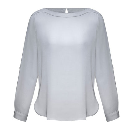 Womens silver grey longer length curved hem wrinkle resistant smart professional stretch fabric semi fitted Biz Collection S828LL Womens Madison Boatneck Top