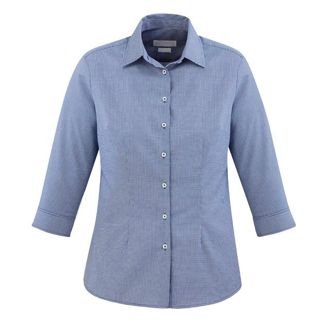 Womens blue premium cotton button down business everyday workwear flattering semi fitted Biz Collection S910LT Jagger Ladies 3/4 sleeve Shirt