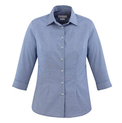 Womens blue premium cotton button down business everyday workwear flattering semi fitted Biz Collection S910LT Jagger Ladies 3/4 sleeve Shirt