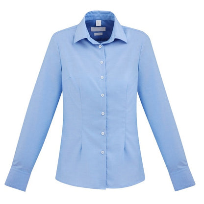 Womens light blue with pearlized buttons office workwear shirt with cuffs and darts womens sillouette fit easy care wrinkle resistant Biz Collection S912LL Regent Ladies Long Sleeve Shirt