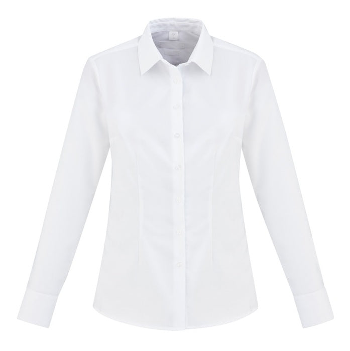 womens white premium cotton classic breathable fabric semi fitted easy iron corporate business shirt curved hem front darts modern fit Biz Collection S912LL Regent Ladies Long Sleeve Shirt