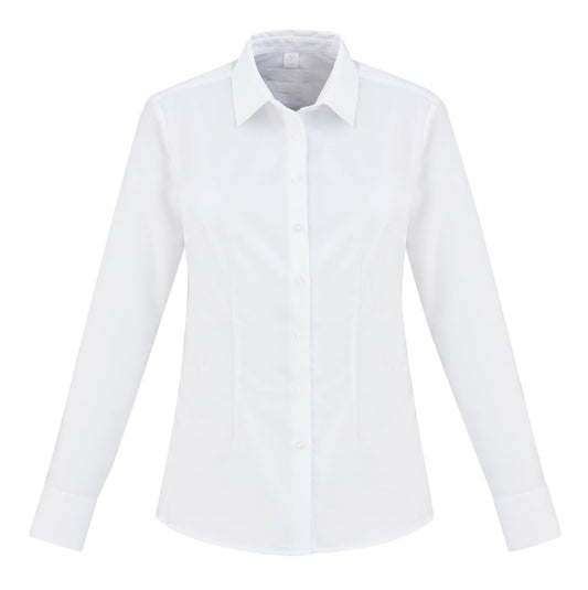 womens white premium cotton classic breathable fabric semi fitted easy iron corporate business shirt curved hem front darts modern fit Biz Collection S912LL Regent Ladies Long Sleeve Shirt