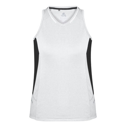Womens white with black and reflective silver detail workout top lightweight ideal for any sports racer back Biz Collection SG702L Ladies Renegade Singlet