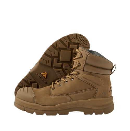 Pair of brown boots with a visible brand logo on a white background