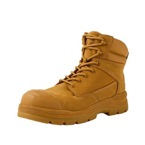 Tan work boot on a white background