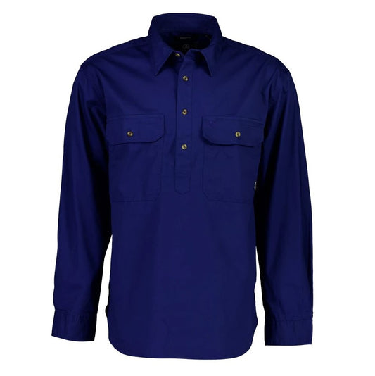 A man wearing a blue long-sleeved Swanndri work shirt with a half button placket, oversized chest pockets, and a classic collar.