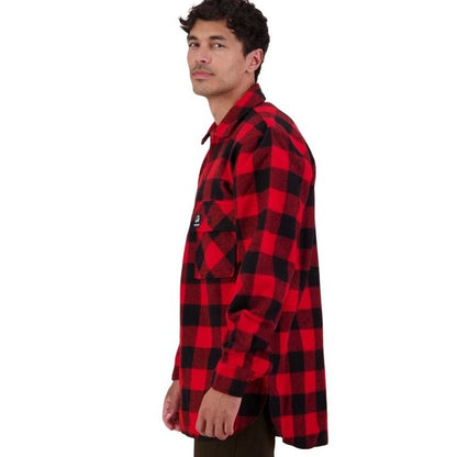 Man wearing a red and black checkered shirt on a white background