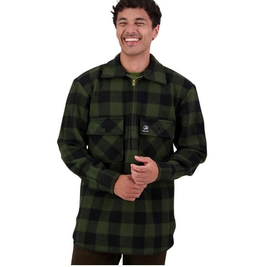 Man wearing a green and black checkered shirt on a white background - Popular NZ Swanndri branded checkered jacket