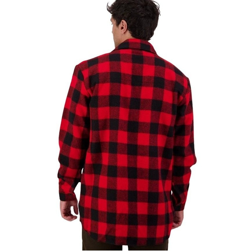 Person wearing a red and black checkered shirt on a white background