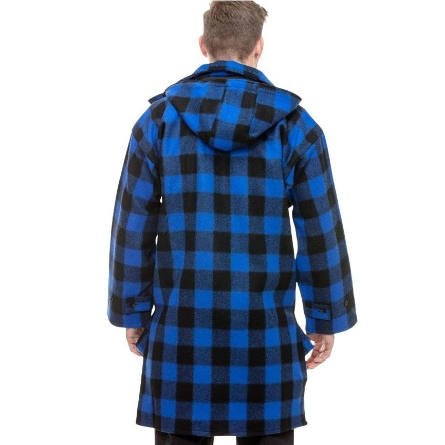 Blue and black checkered coat worn by a person on a white background