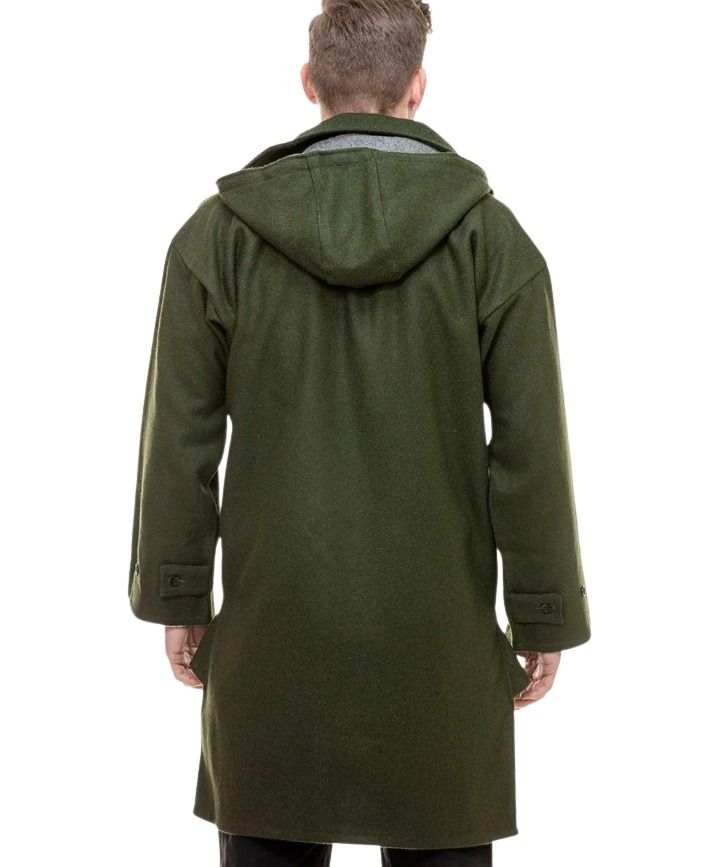 Green coat with a hood worn by a person on a white background