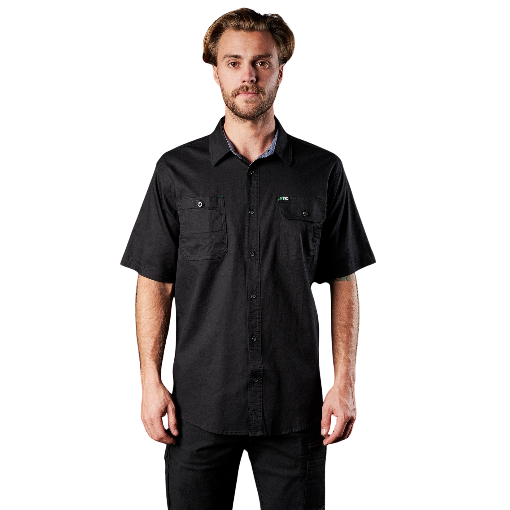 Mens Black tailored professional chambray denim trim every day work place FXD SSH-1 Short Sleeve Work Shirt