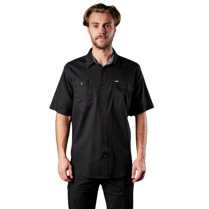 Mens Black tailored professional chambray denim trim every day work place FXD SSH-1 Short Sleeve Work Shirt