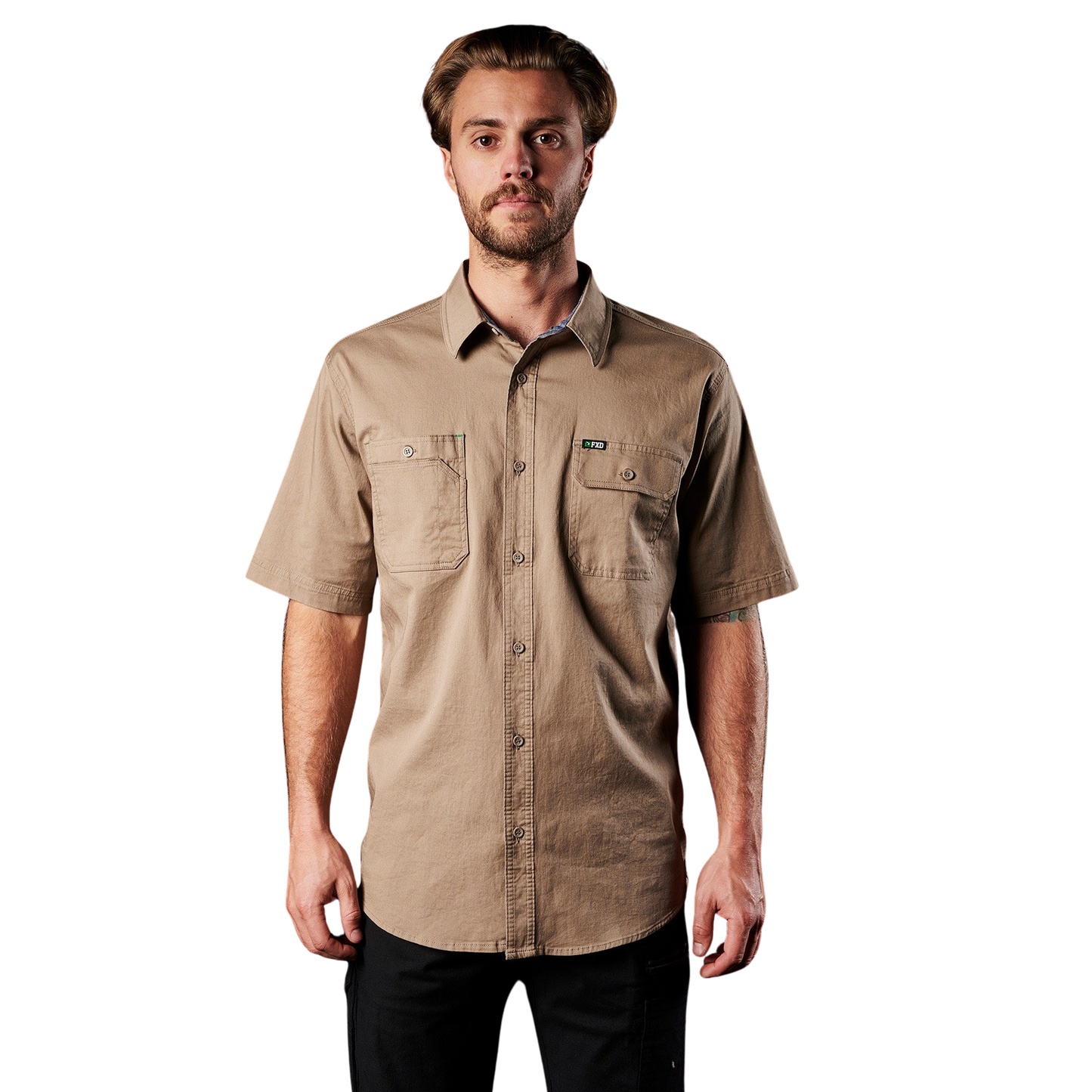 Mens Khaki modern fit button down double front pockets workplace professional trades shirt FXD SSH-1 Short Sleeve Work Shirt