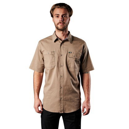 Mens Khaki modern fit button down double front pockets workplace professional trades shirt FXD SSH-1 Short Sleeve Work Shirt