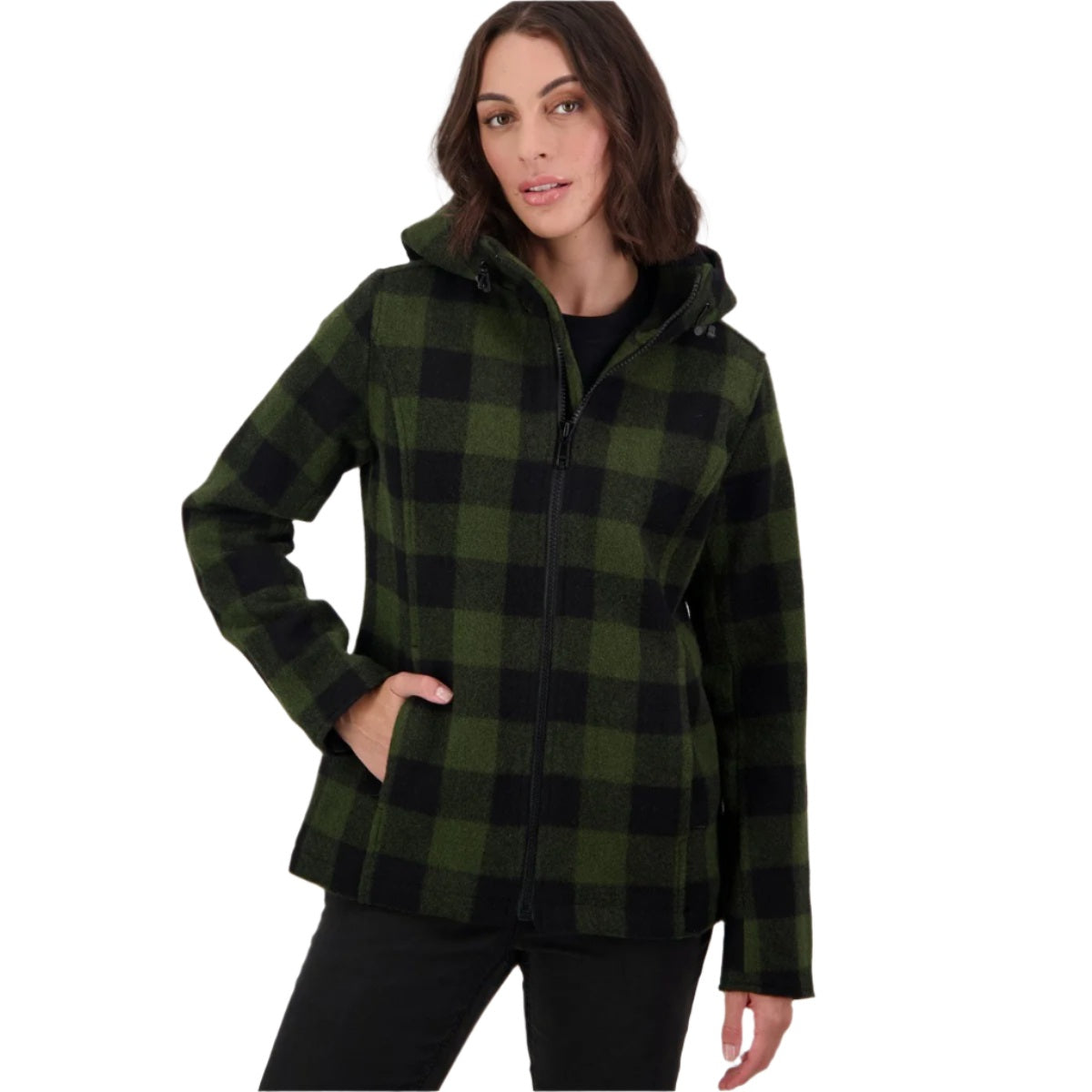 Swanndri SW244796W Womens Seattle V2 Wool Hoodie - Swanndri women's green and black checkered wool jacket