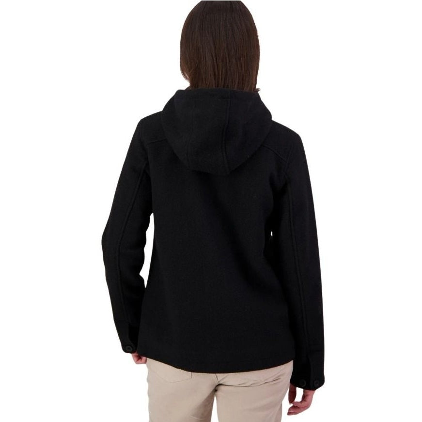 Person wearing a black jacket on a white background