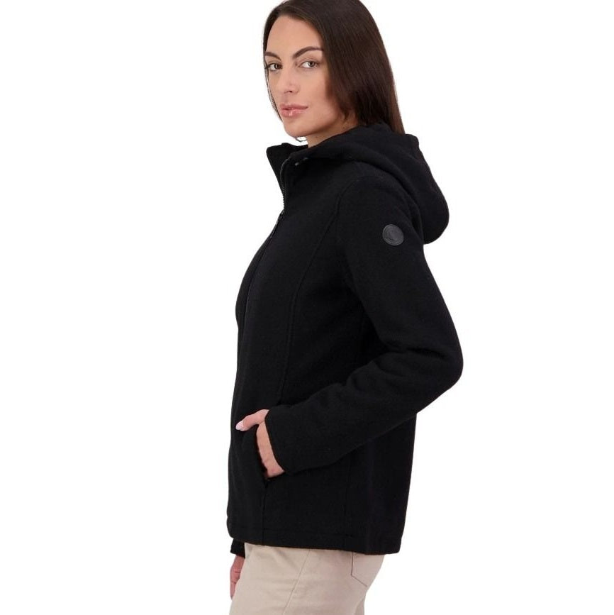 Woman wearing a black hoodie on a white background