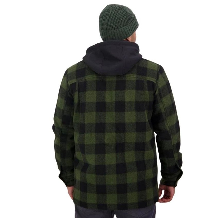 Person wearing a green and black checkered jacket with a hood on a white background