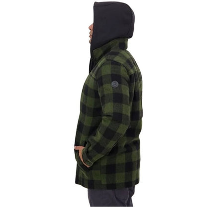 Green and black checkered hoodie worn by a person on a white background