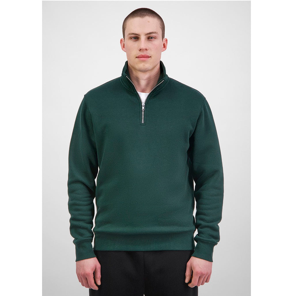 Man wearing a green quarter-zip sweatshirt on a white background